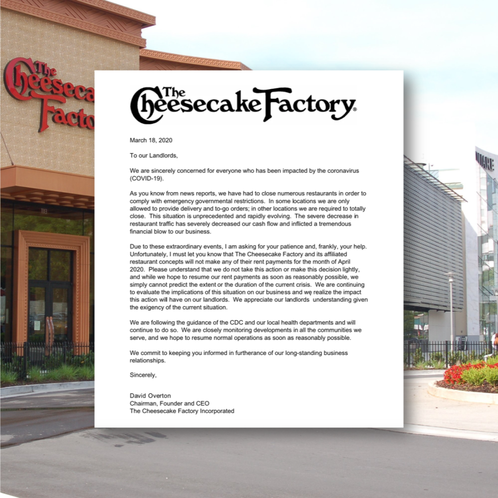 The Cheesecake Factory COVID-19 No Rent April 2020